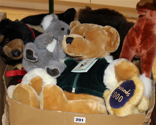 A collection of soft toy teddy bears etc